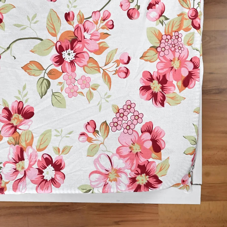 Divine Casa Floret 100% Cotton Double Fitted Bedsheet | 144 TC | Deep Pocket Design | Soft & Breathable Fabric | Durable & Easy Care | 200 x 150 + 25 CM, Rosy Retreat