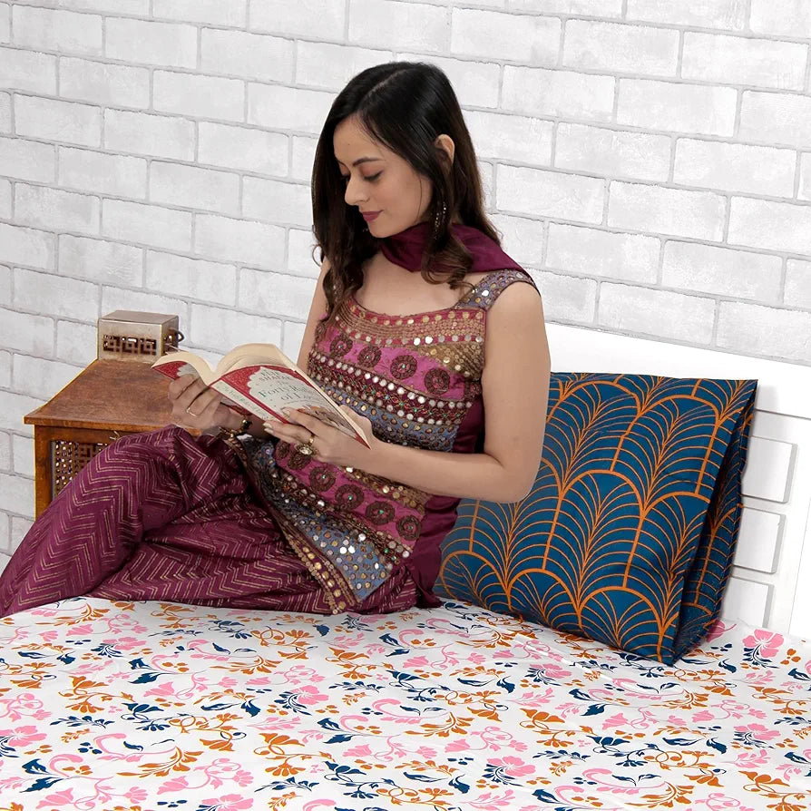 Divine Casa Double Size Bedsheet for Double Bed, 144 TC Pure Cotton Queen Size with 2 Pillow Covers | 222 by 254 cm | Floral | Peach Blue