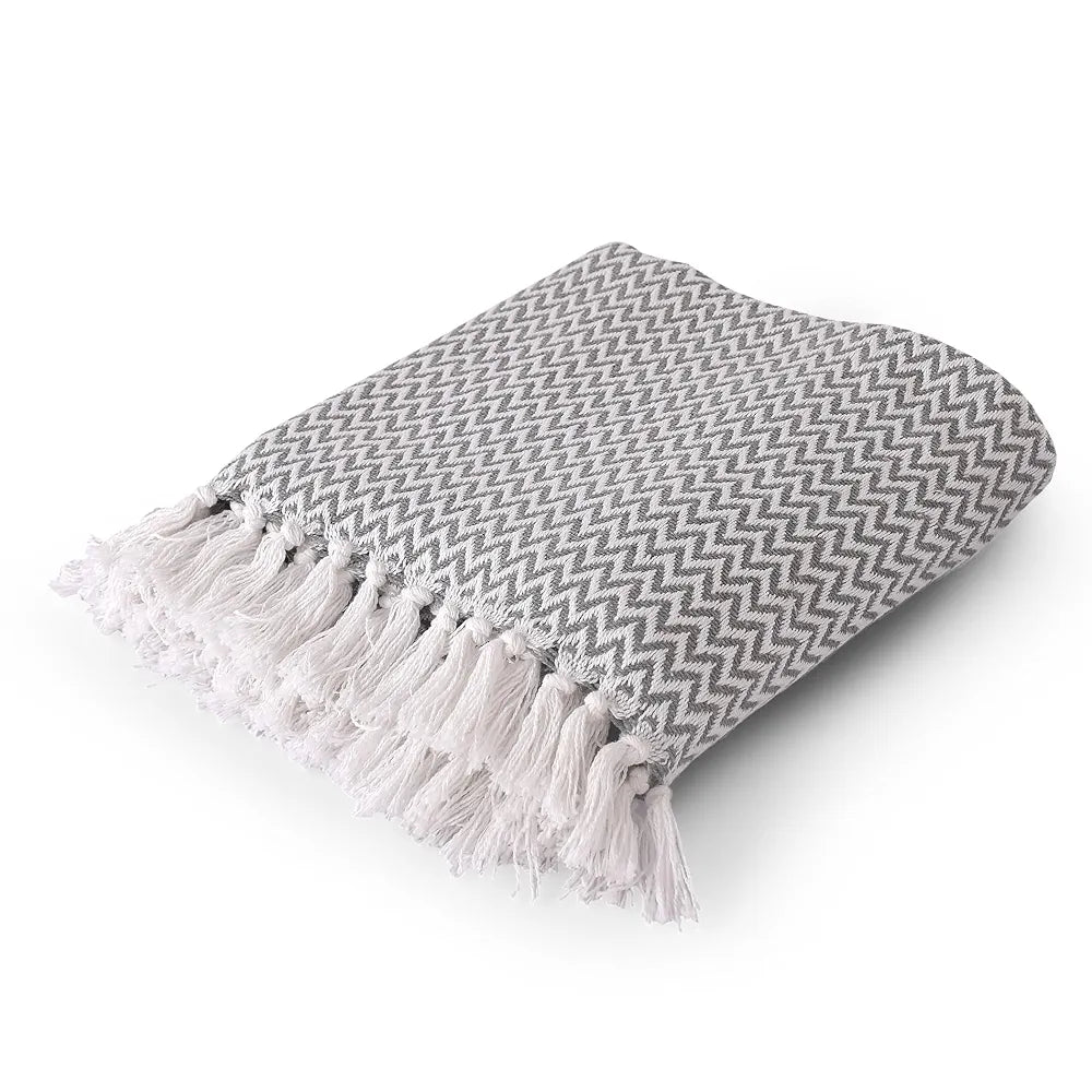 SASHAA WORLD Chevron Delight | Grey Ivory Versatile Cotton Throw Blanket | Ideal for Living Room, Sofa, Bed and Chair | 180X130 Cm