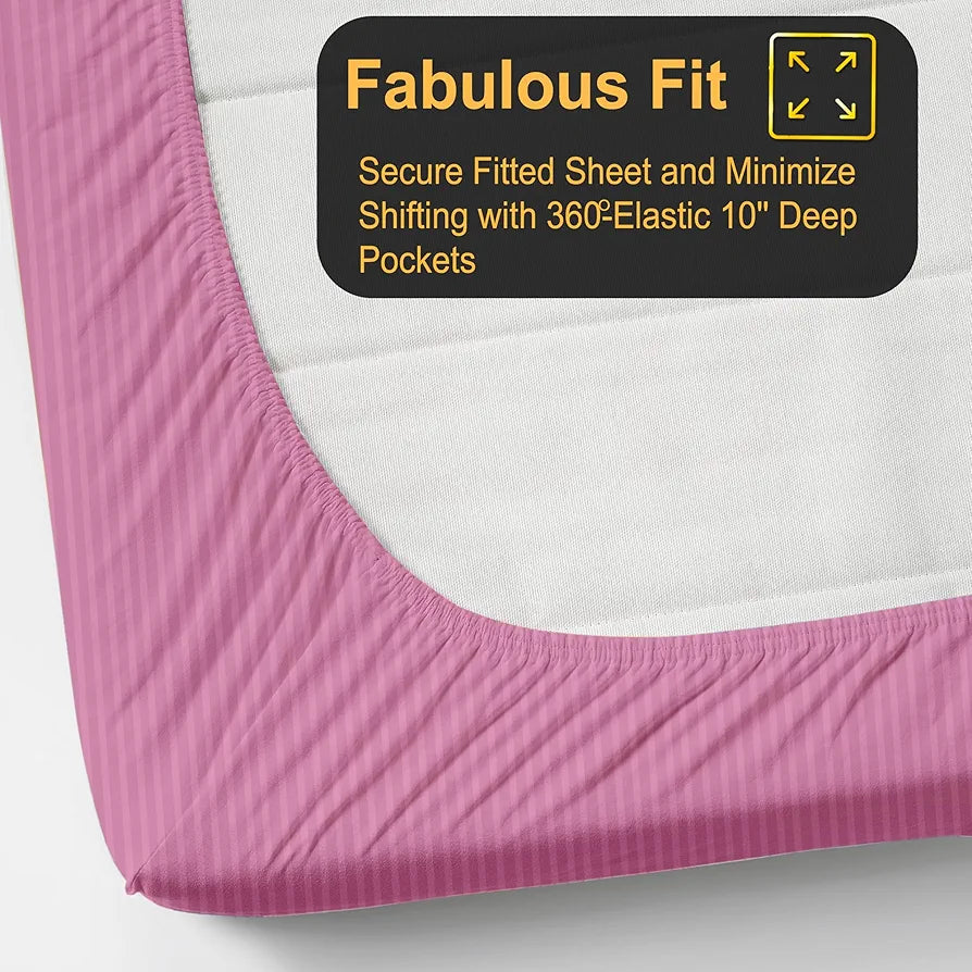 FRESH FROM LOOM 240 TC Satin Striped Elastic Fitted Bed Sheets|Bed Covers for Mattresses Tuck in|Soft Fitted King Size Bed with Two Pillow Cover 