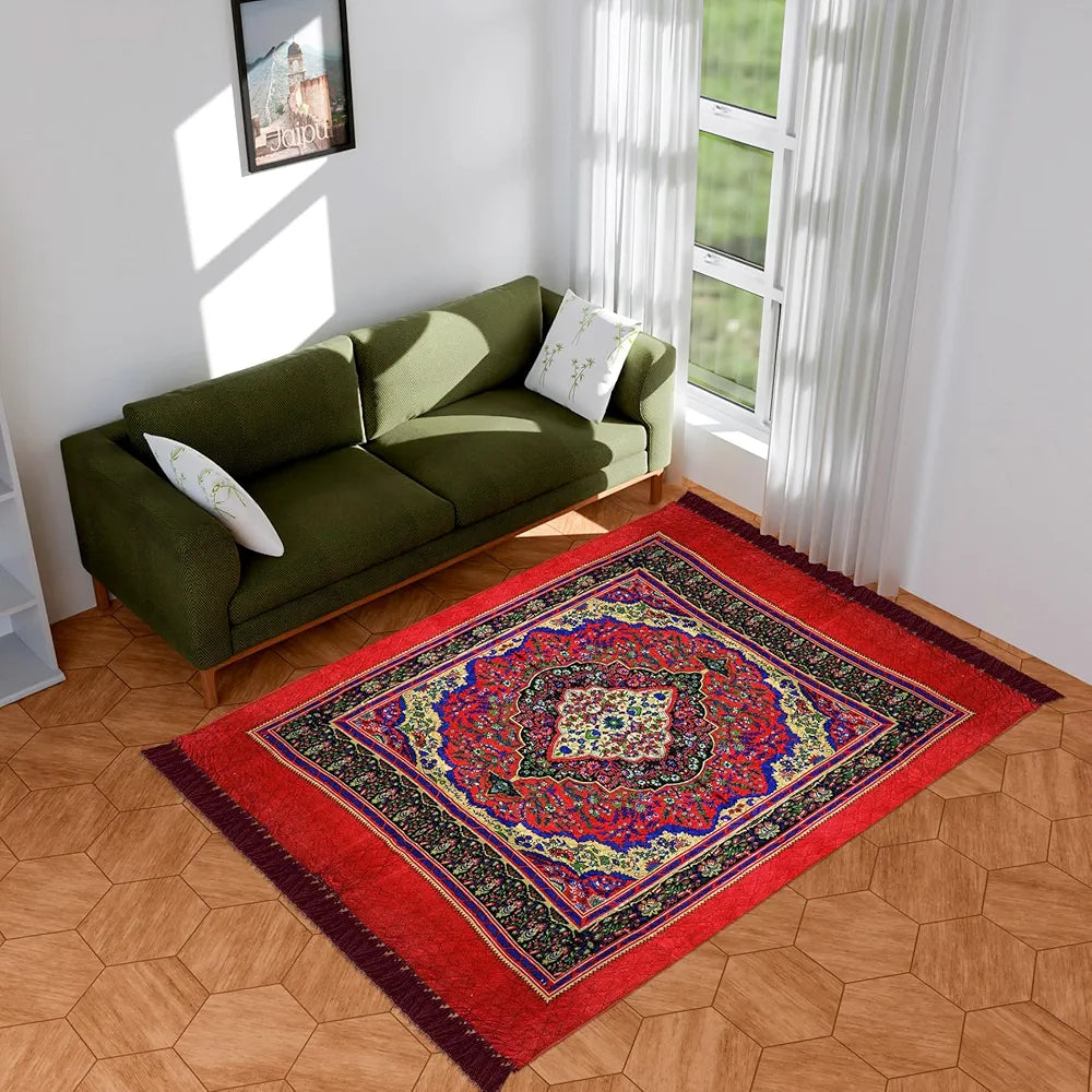 Kuber Industries Carpet | Velvet Carpet-Rug for Home Décor | Carpet Rug for Bedroom | Printed Carpet for Living Room | Prayer-Yoga Mat | Carpet for Hall | 6.5x7.5 Ft | Red