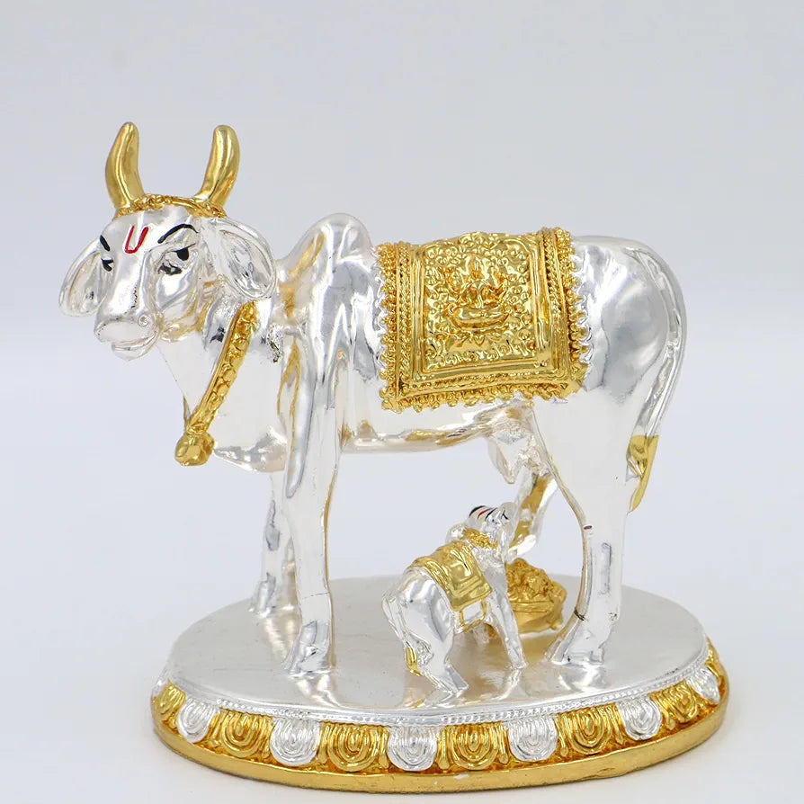 JAIPUR ACE Kamdhenu Cow with Calf Statue, Standard Size, Golden   