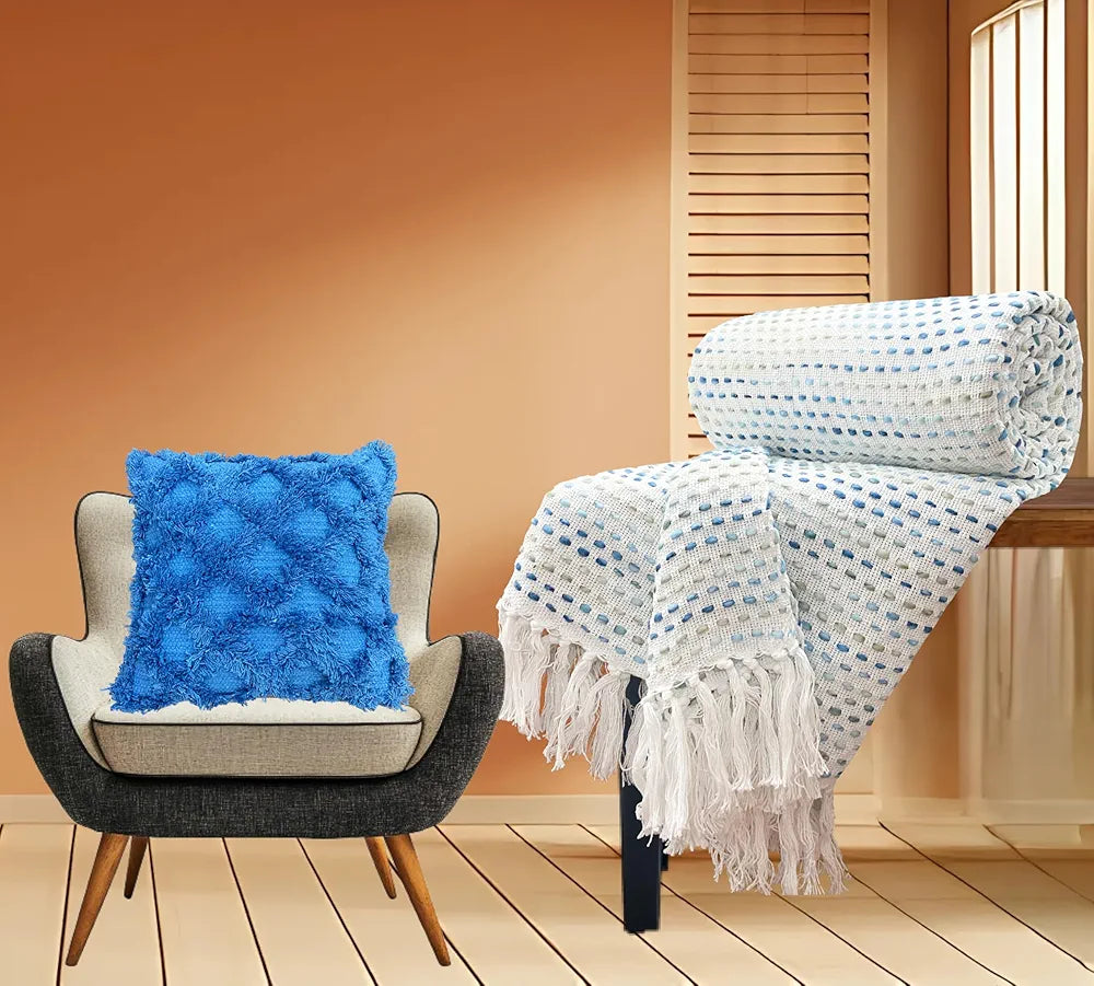 SAJAVAT HOME Hand-Knitted Pure Cotton 3 Seater Sofa Throw with Cushion Cover | 80x52 Inches / 204x132 Cm | Egyptian Cushion & Multi Blue Throw for Sofa, Bed, Chair & Travel | Pack of 1