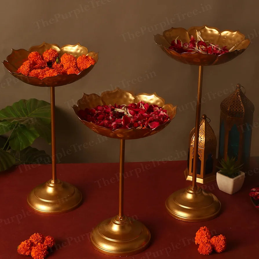 The Purple Tree Beautiful Handcrafted Lotus Urli Bowl With Stands Diwali  Decorative Bowl With Stands Floating Flowers And Tea Light Candles Home, Urli Stand Tealight Holder, Golden