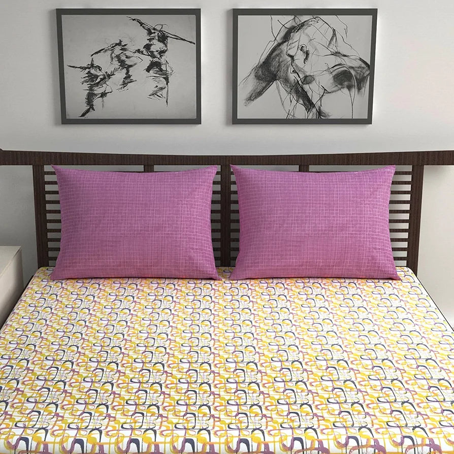 Divine Casa 144 TC 100% Pure Cotton Queen Size Double Bed Bedsheet with 2 Pillow Covers | Soft, Durable & All-Weather Comfortable Easy Care Sheet | Size 222 x 254 CM | Wavy Pattern | Charcoal Yellow