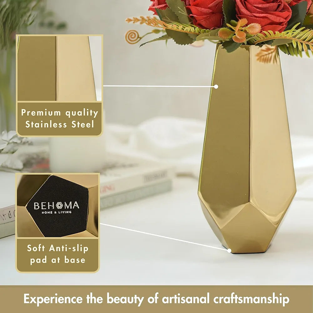 Behoma Designer Stainless Steel Prism Glow Flower Vase | Modern Design Flower Vase for Home Decor | Center Table Decorative Item for Living Room, Dining Table, Office, Bedroom | Golden
