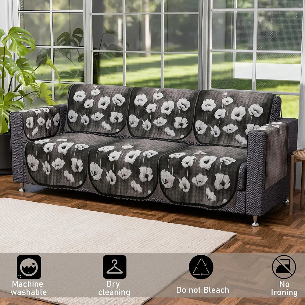 Kuber Industries Set of 16 Anti-Skid Sofa Cover 5-Seater with Arm Cover | Comfortable Slipcover Sofa Cloth & Furniture Protector for Home Decor | Lotus Print - Green