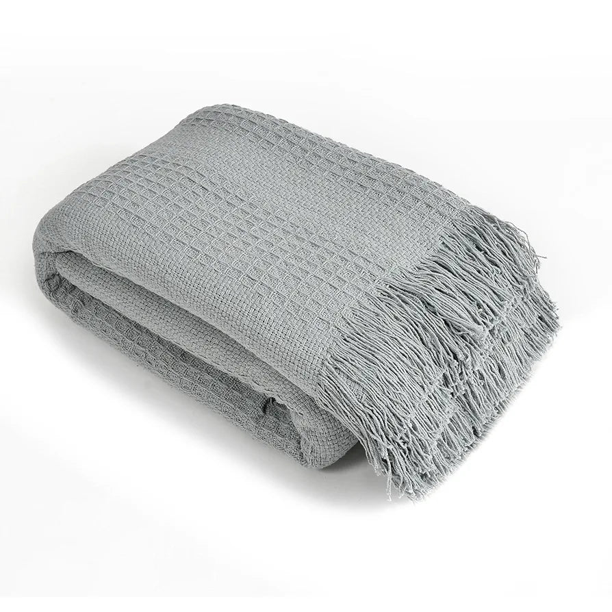 SASHAA WORLD Grey Cotton Throw for Sofa | Textured Woven Design | Soft, Lightweight & Breathable | Fringed Sofa Cover in Solid Grey | 100% Cotton bedcover, 200x200 cm