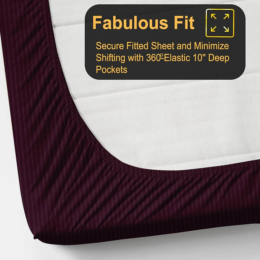 FRESH FROM LOOM 240 TC Satin Striped Elastic Fitted Bed Sheets King Size Bed with Two Pillow Cover|Soft Bed Covers for Mattresses Tuck in|Fitted 