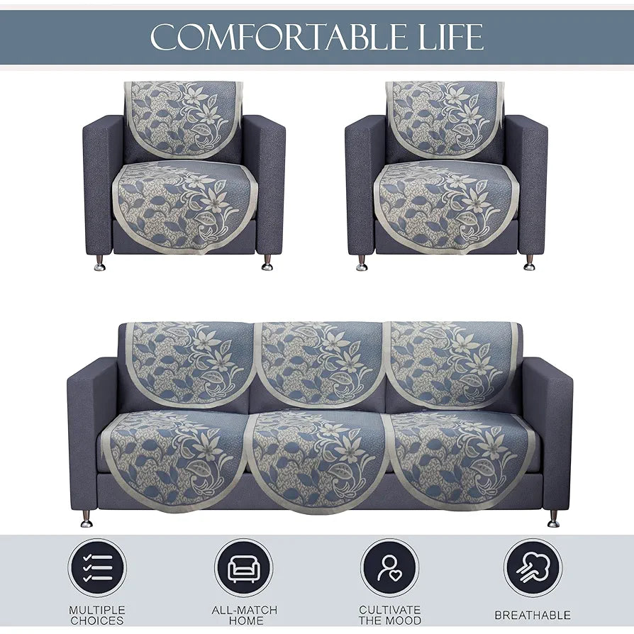 Kuber Industries 5 Seater Cotton Sofa Cover/Slip Cover | Set of 10 Pieces | Removable & Washable Sofa Set Cover for Living Room -Floral Blue