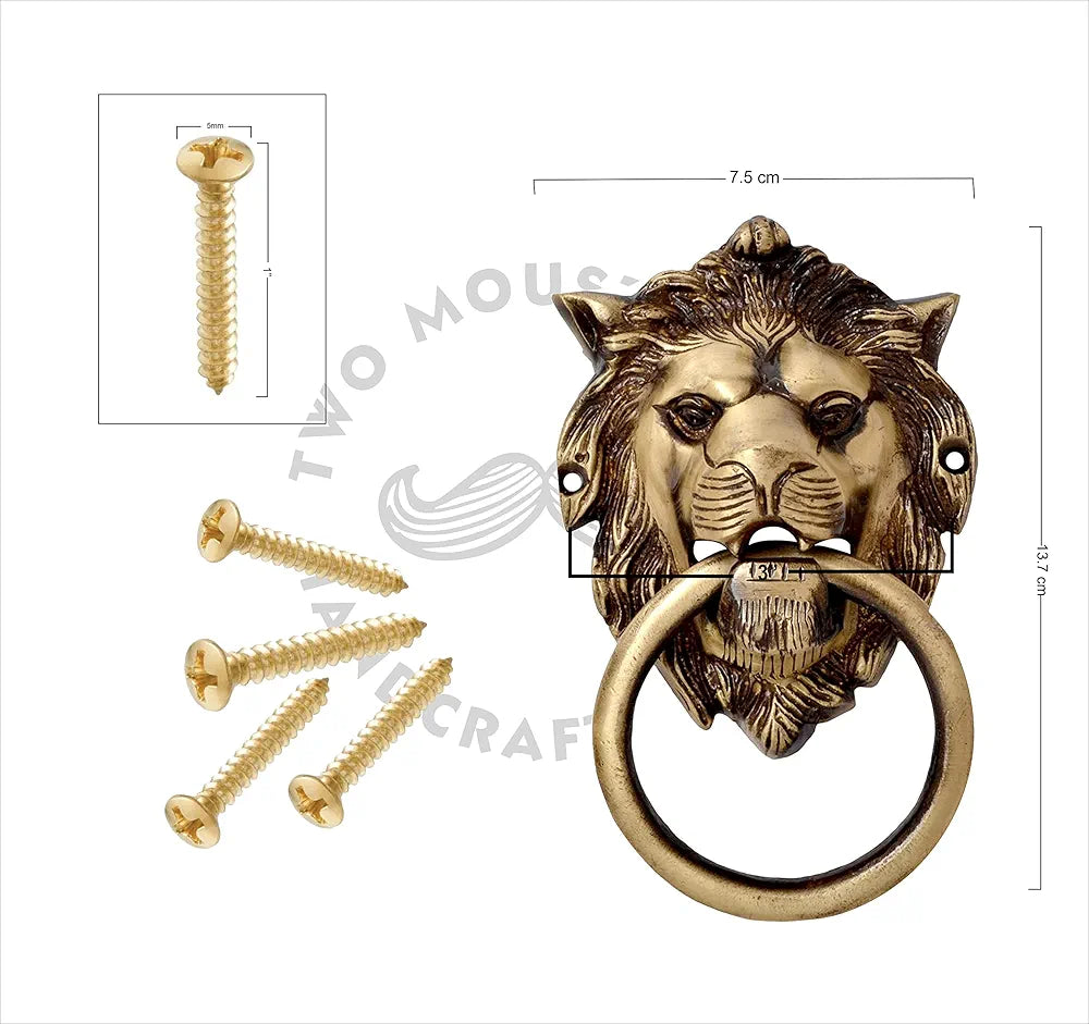 Two Moustaches Lion Mouth Brass Door Knocker, Door Knocker for Main Door, Door Knockers Antique, Brass Lion Knocker, Standard, Pack of 1, Knob
