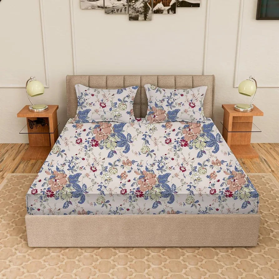 Trance Home Linen Skin Friendly 100% Cotton Printed Fitted Bedsheet for Queen Size Bed with 2 Pillow Cover - Premium 180TC 