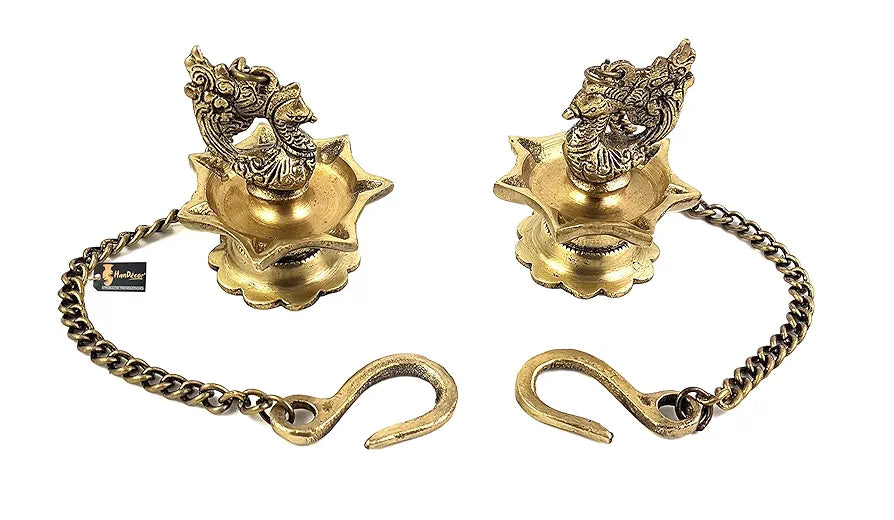 Two Moustaches Brass Peacock Carved Hanging Diya Set, Antique Yellow -Pack of 2, Standard