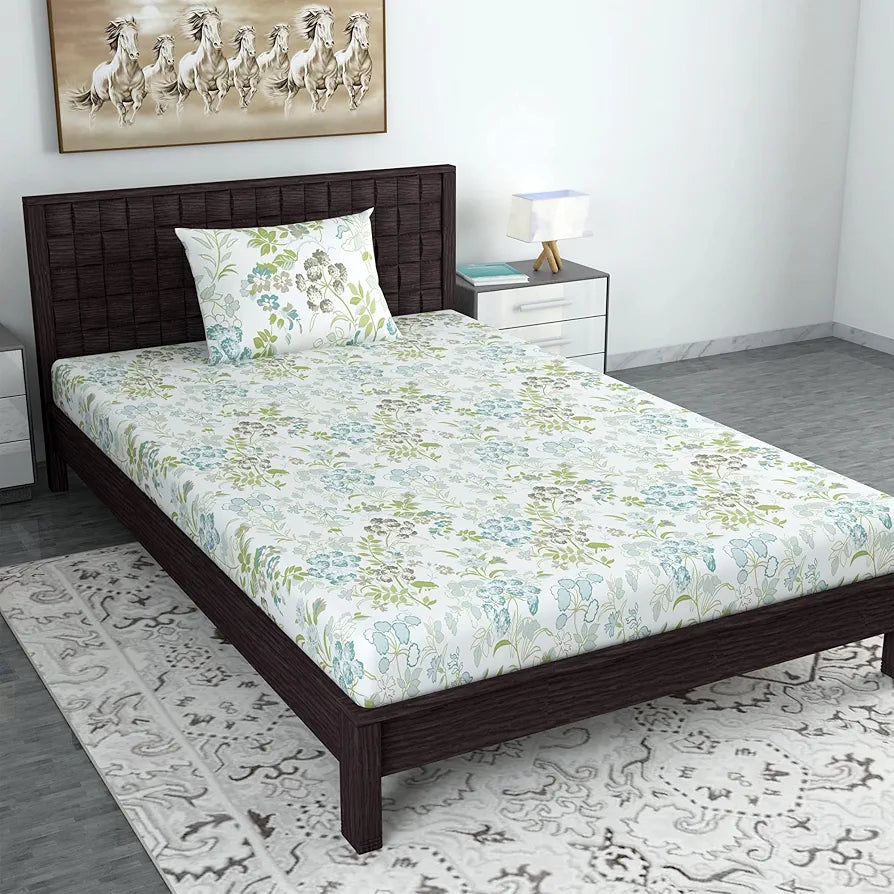 Divine Casa Bedsheet for Single Size Bed 144 TC Cotton Bedsheet for Single Size Bed with 1 Pillow Cover  Floral Mint Blue Cotton Bedsheet
