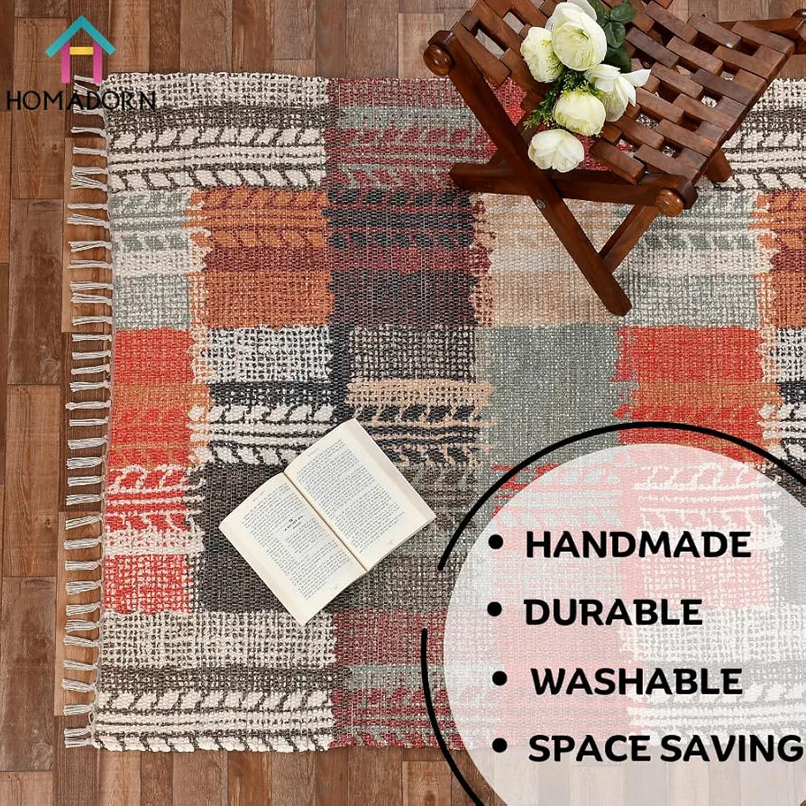 HOMADORN Handmade Sustainable Printed Modern Dhurrie/Rugs/Carpet Upcycled from Fabric for Living Room/Bedside Runner for Enhanced Décor 