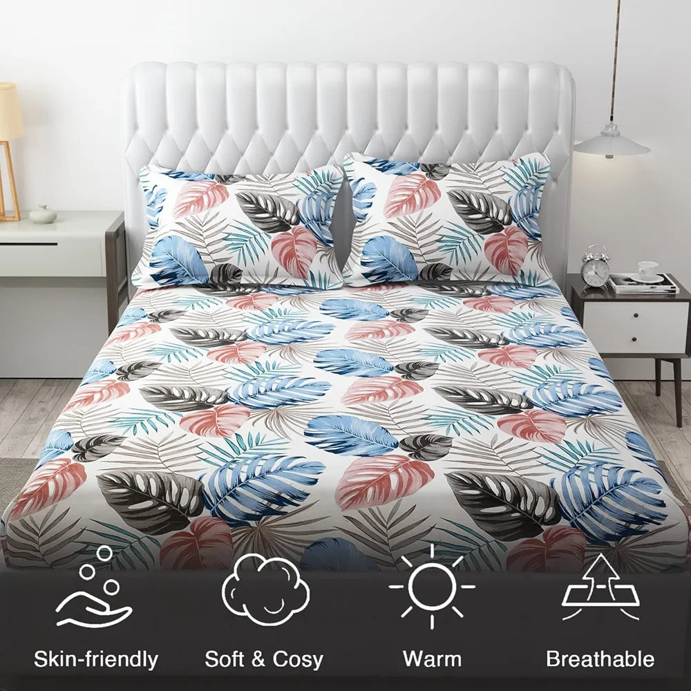 FRESH FROM LOOM Elastic Fitted Floral Bed Sheets King Size Bed With Two Pillow Cover | Soft Microfiber Bed Covers For Mattresses Tuck In | Fitted Bedsheet , 144 Tc