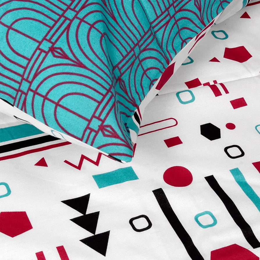 Divine Casa - 144 TC Super Soft Cotton Bedsheet for Double Bed  144 Thread Count - Abstract, Red, Teal & White| 222 x 254 cm