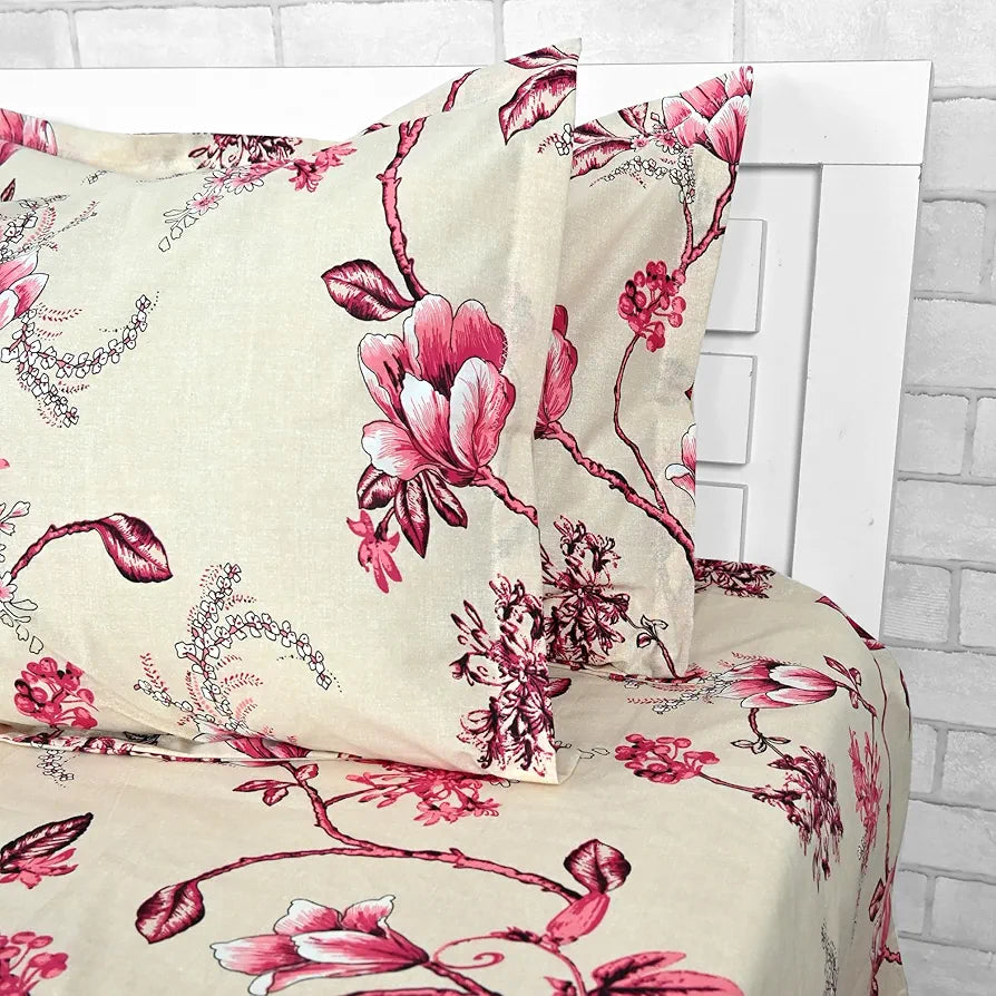 Divine Casa Double Size Bedsheet for Double Bed, 144 TC Pure Cotton Queen Size with 2 Pillow Covers | 222 by 254 cm | Floral | Sky Blue Mist