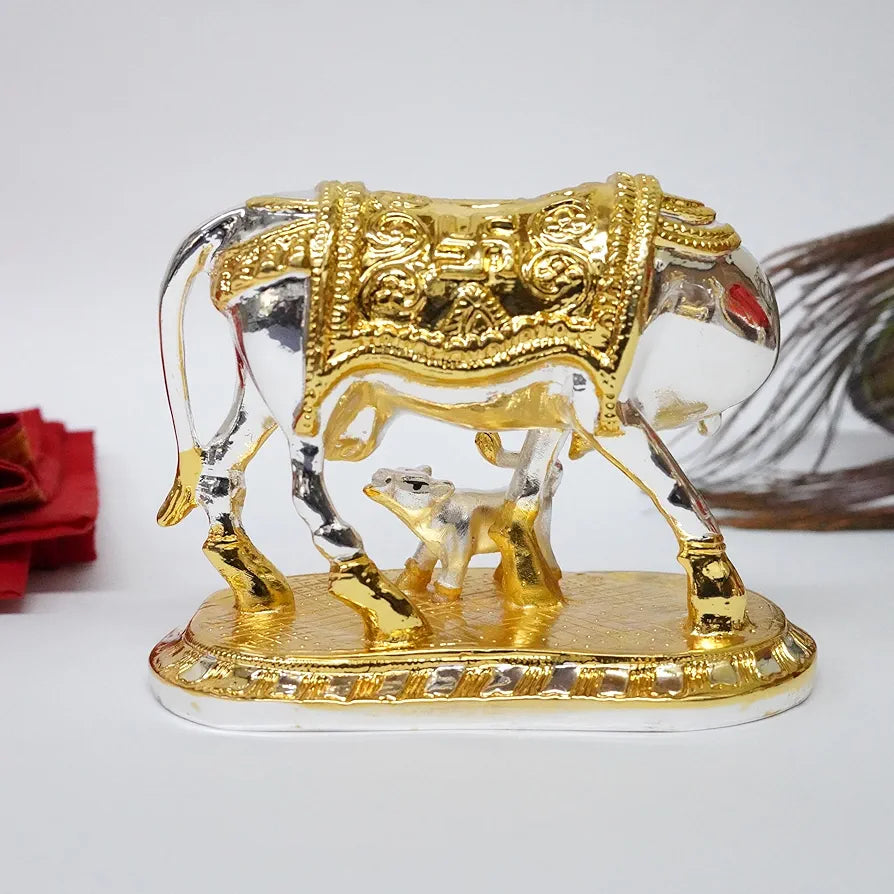 Gold Art India Om Kamdhenu Cow with Calf for Gold & Silver Plated | Home Decor | Gaay Bachda Cow and Calf for Vastu | Positive Energy | Wealth |
