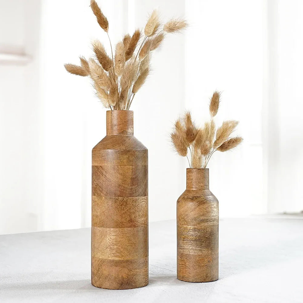 Behoma Wooden Flower Vase Set of 2, Bottle Shape Mango Wood Vases for Flowers for Decor Home Living Room Kitchen Office, Natural Light Brown Finish | Height - 9 inch  & 5.9 inch 
