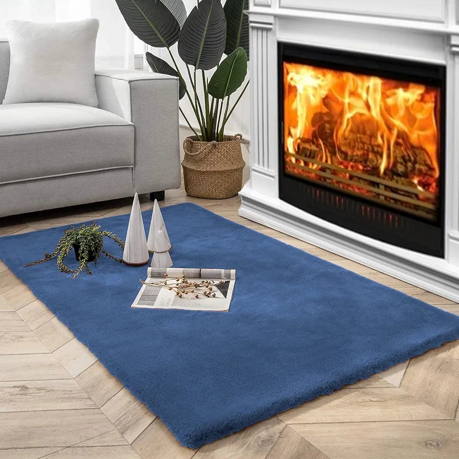 LUXE HOME INTERNATIONAL Ruffle Floor Rug Rabbit Fur 1000 GSM Living Room Foot Mats Anti Skid Water Absorbent Easy Machine Washable Rectangular Rug for Bedroom|Floor|3 X 5 Ft|Blue|Pack of 1