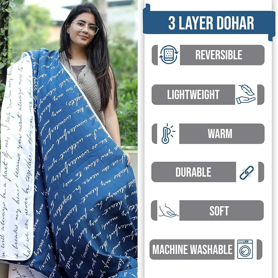 Divine Casa 120 GSM Microfiber Single Kids Dohar  | Soft & Lightweight Throw Blanket | Cozy & Breathable | All-Season Comfort | 140 x 100 CM | Typography Pattern | Blue Depth