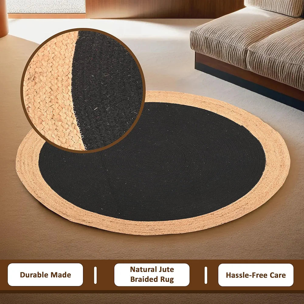 Kuber Industries 4x4 Feet Round Jute Rug & Carpet for Home/Bedroom | Natural Looking Floor Rugs for Living Room | Beige & Black