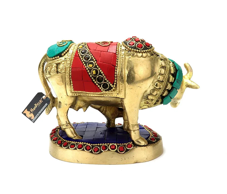 Two Moustaches Gemstone Work 5.5 Inches Kamdhenu Cow Brass Showpiece, Standard, Multicolor, Pack of 1