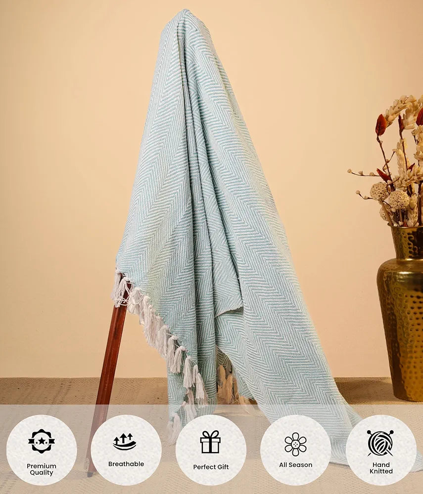 SAJAVAT HOME Hand-Knitted Pure Cotton 3 Seater Sofa Throw | 80x52 Inches/204x132 Cm | Arctic Blue Throw for Sofa, Bed, Chair & Travel - Ideal for All Season | Pack of 1-500 TC
