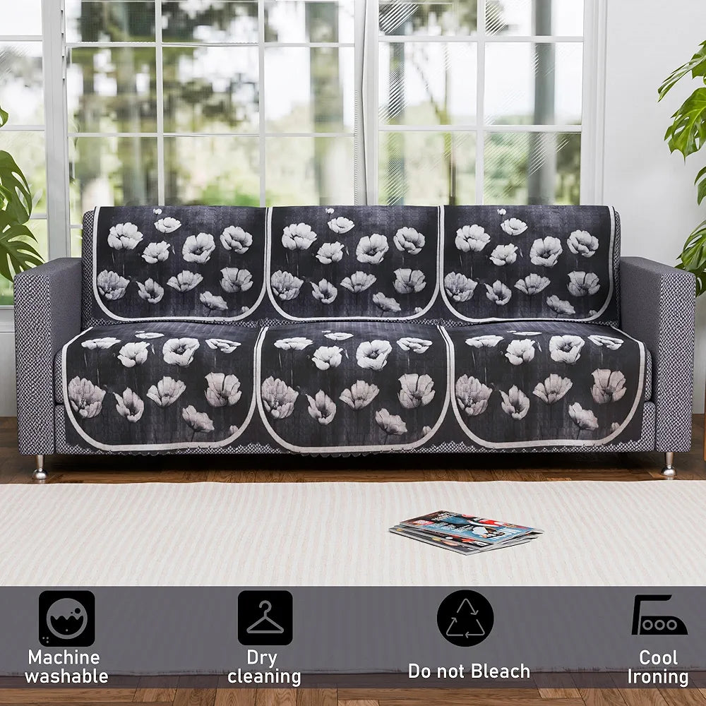 Kuber Industries Set of 6 Durable 3 Seater Sofa Covers for Living Room | Easy Machine Washable SOFE ke Cover for Protection & Comfort for Home | Lotus Print - Grey