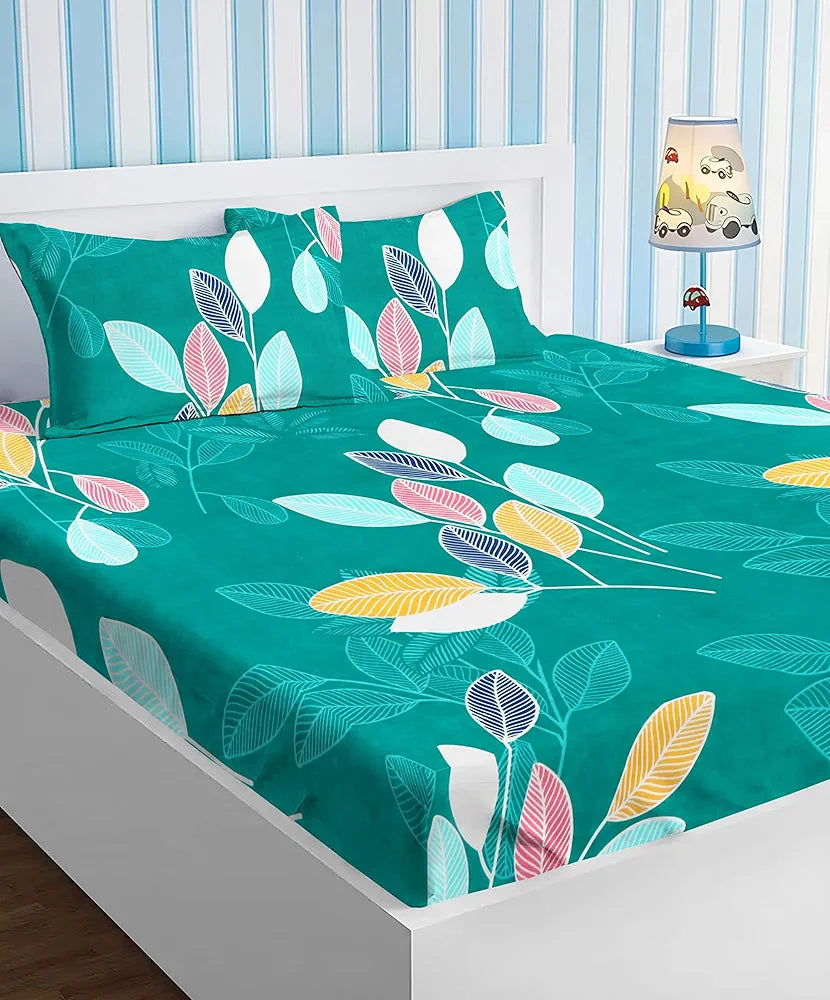 Premium Cotton Elastic Fitted Bedsheets with 2 King Size Pillow Covers Double Bed with All Around Elastic Supersoft Size - 72 x 78 +10 inches Flower Print Green and Red 200 tc - 220 tc