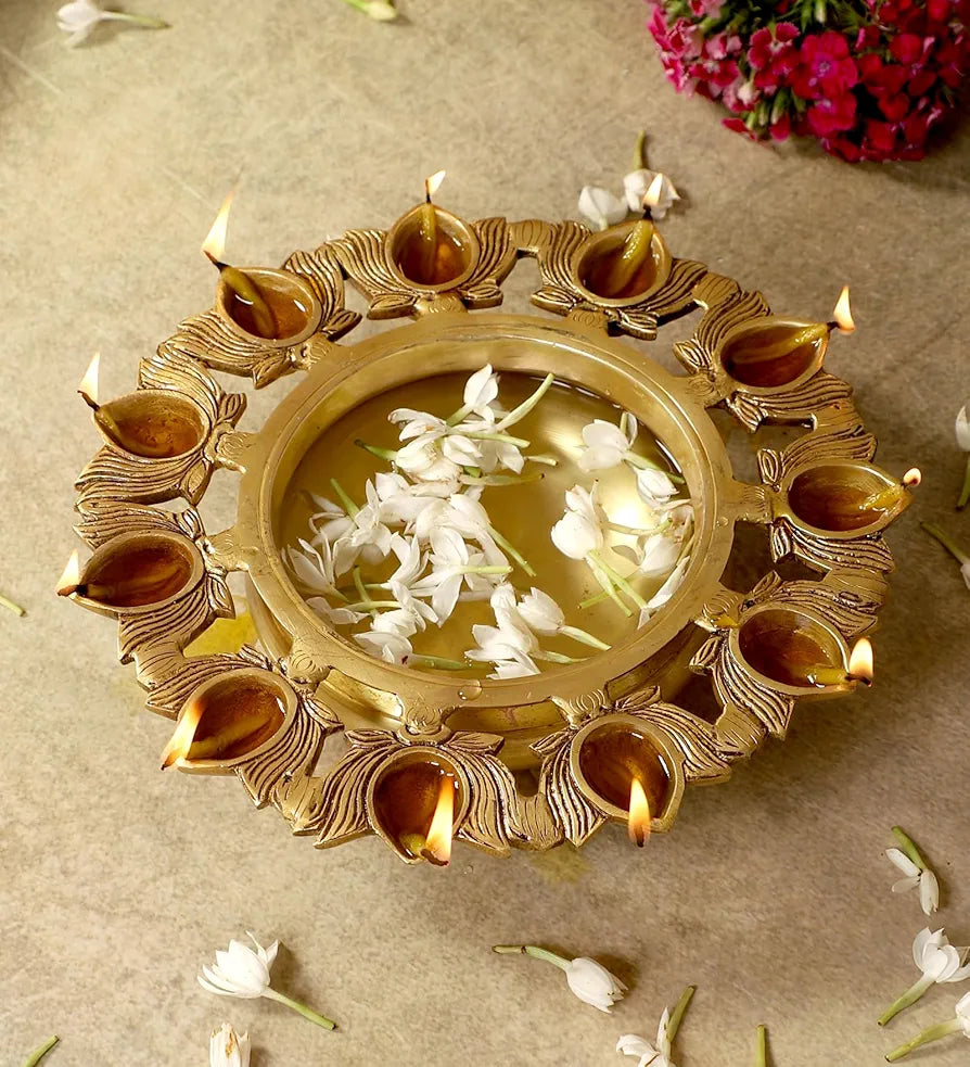 Two Moustaches 9.5 Inches Brass Urli Bowl with Lotus Design 11 Diyas,Urli for Flowers, Urli for Home Decor, Brass Decorative Urli Bowl, Housewarming Gifts, Antique Yellow, Weight - 2.14 Kg,Pack of 1