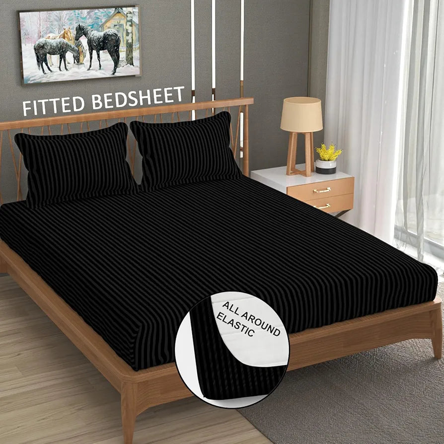 Homefab India 160 TC Stripe Cotton Feel Glace Cotton Elastic Fitted King Size Double Bed Bedsheet with 2 Pillow Covers Fits Upto 6 inches Mattress, Size-72X78 inches, Black