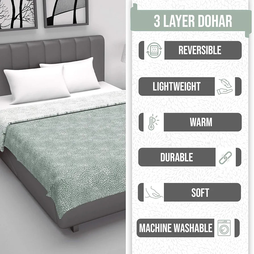 Divine Casa 120 GSM Microfiber Single Dohar | Soft & Lightweight Throw Blanket | Cozy & Breathable | All-Season Comfort | 210 x 140 CM | Floral Burst Pattern | Sage Green & White