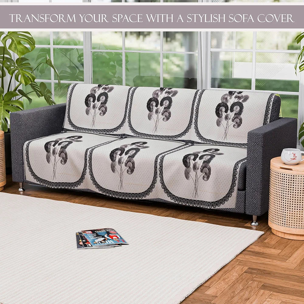 Kuber Industries Set of 6 Velvet 3 Seater Sofa Covers for Living Room | Easy Machine Washable Sofe ke cover for Home Comfort | Digital Flower-Cream & Green