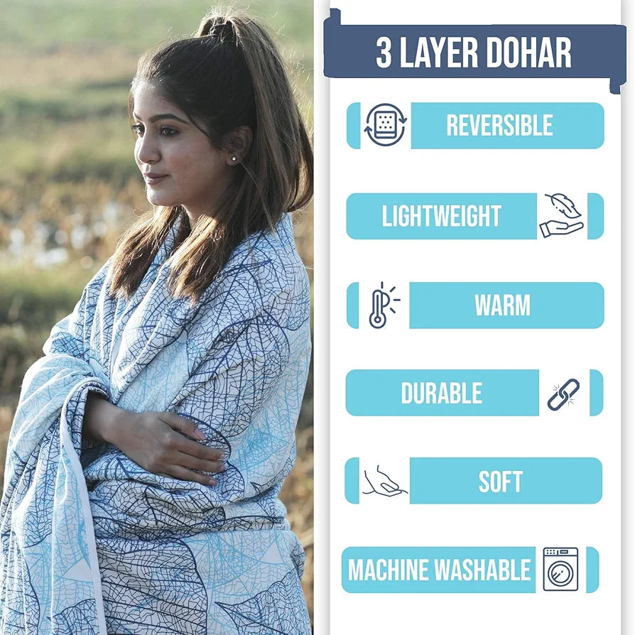 Divine Casa Glace Cotton 120 GSM Reversible Lightweight Printed Double Bed AC Dohar Blanket Quilt - Blue and Brown| TC - 120