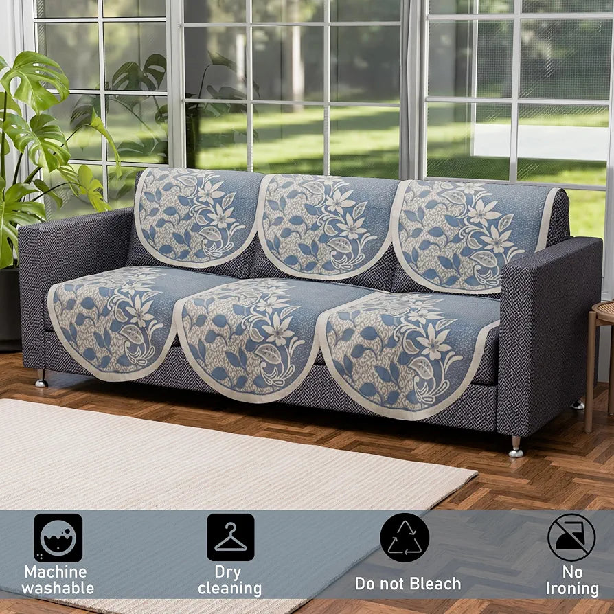 Kuber Industries 5 Seater Cotton Sofa Cover/Slip Cover | Set of 10 Pieces | Removable & Washable Sofa Set Cover for Living Room -Floral Blue