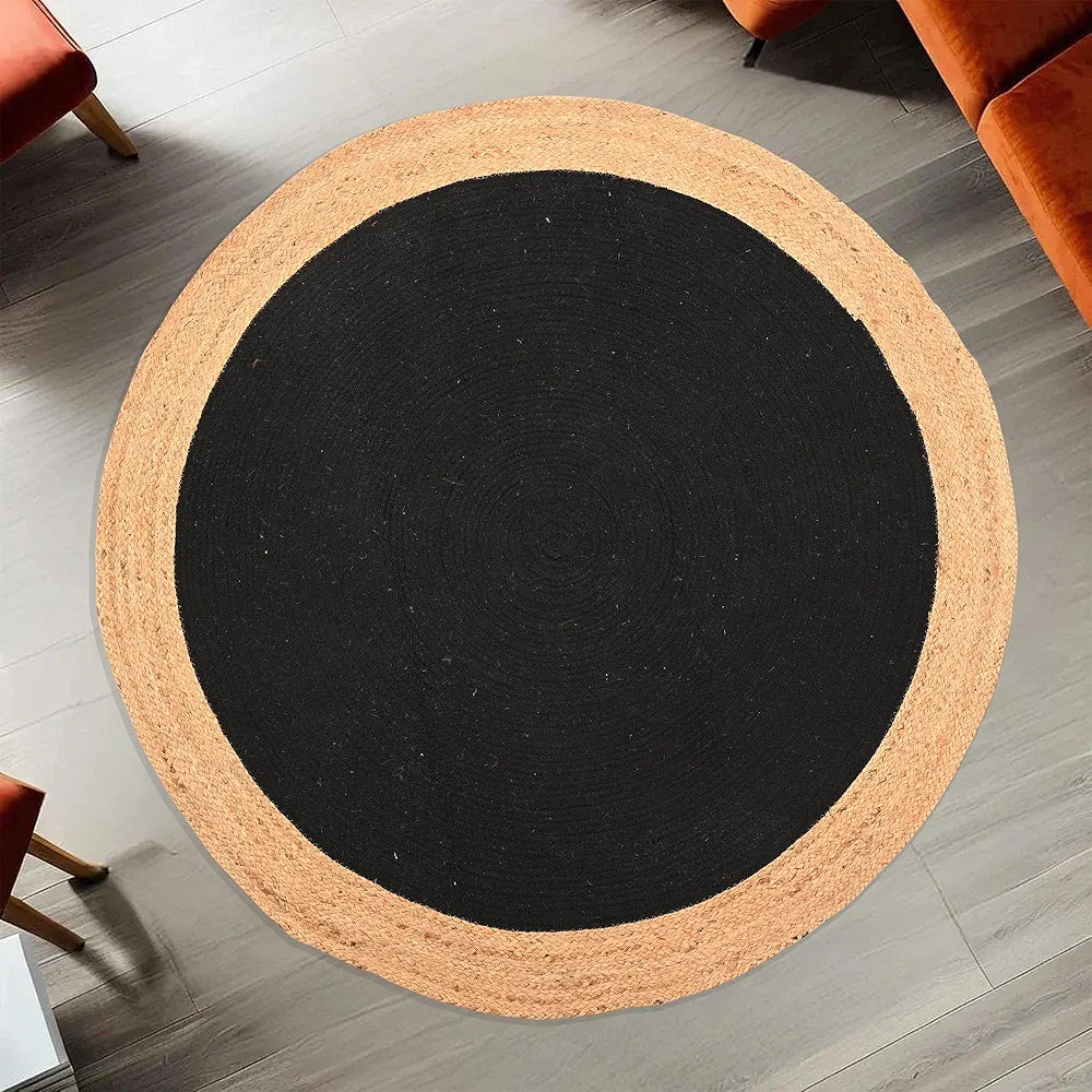 Kuber Industries 3x3 Feet Round Jute Rug & Carpet for Home/Bedroom | Natural Looking Floor Rugs for Living Room | Light Brown & Black