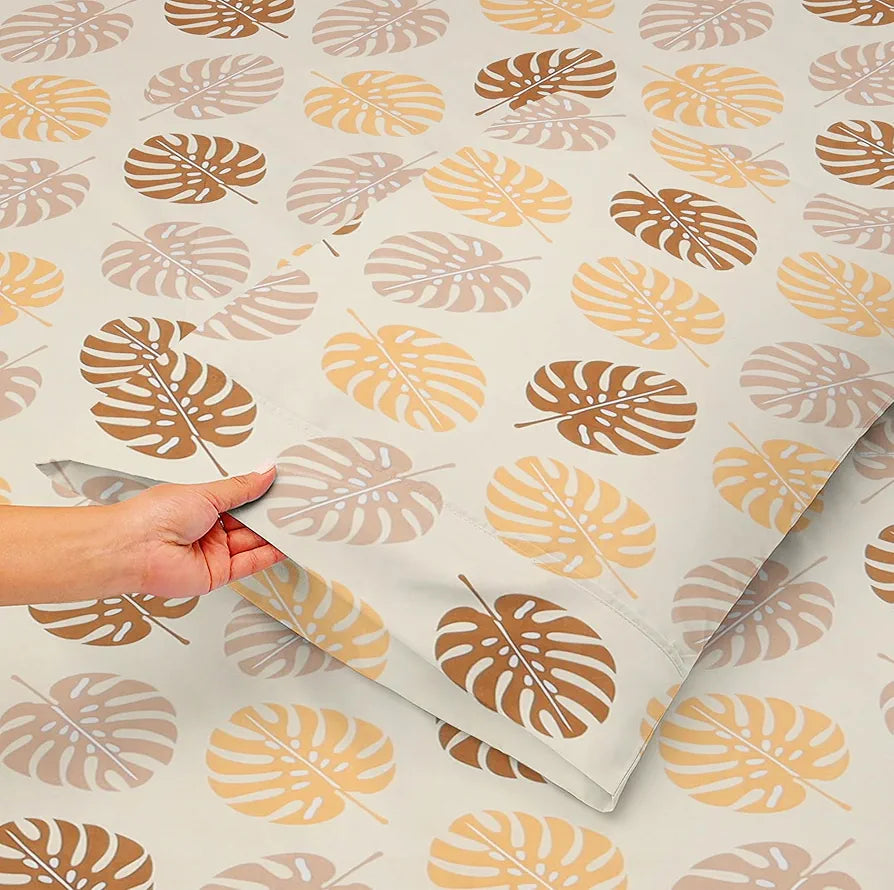 Premium Cotton Elastic Fitted Bedsheets with 2 King Size Pillow Covers Double Bed with All Around Elastic Supersoft Size - 72 x 78 +10 inches Leaf Print Beige and Brown 200 tc - 220 tc