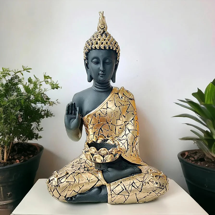 NEELAYA Meditating Buddha Statue with Tealight Candle Holder Polyresin Showpiece for Home Decor Living Room Office Vastu Gift Housewarming 28 cm Black Gold