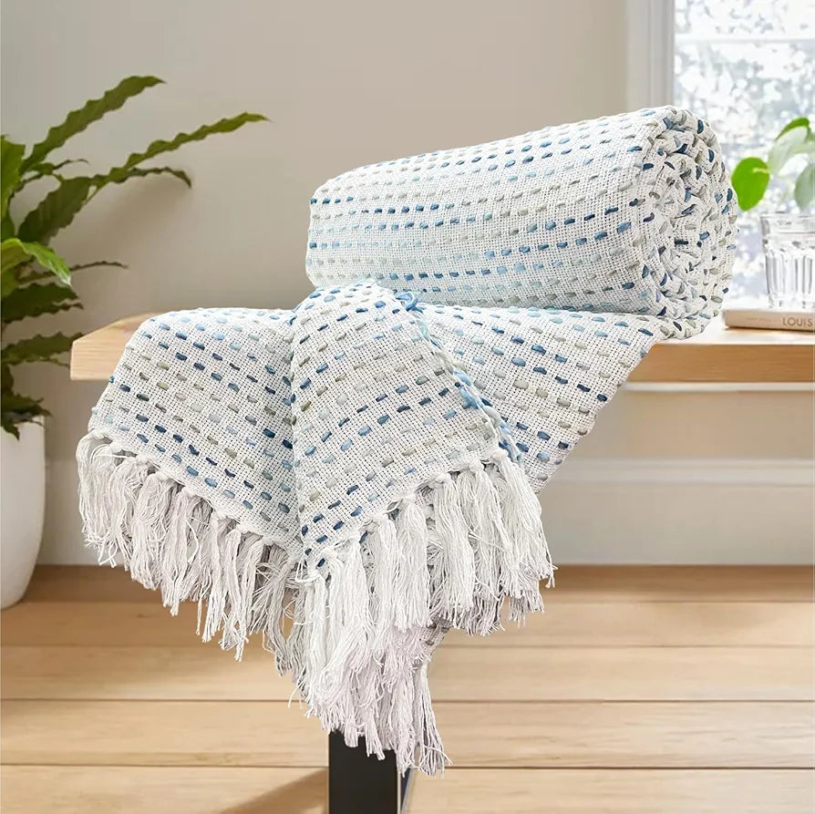SAJAVAT HOME Hand-Knitted Pure Cotton 3 Seater Sofa Throw | 80x52 Inches/204x132 Cm | Blue Multi Throw for Sofa, Bed, Chair & Travel - Ideal for All Season | Pack of 1