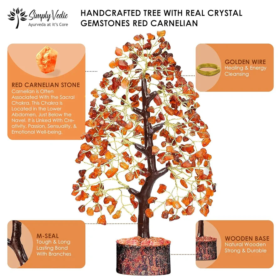 Simply Vedic Chakra Red Carnelian Crystal Tree|for Positive Energy,Good Luck|Natural Healing Gemstones Moneytree Feng Shui,Spiritual Gift,Home Decor|Handmade by Traditional Artist,8 cm,26 Cm