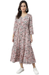 Janasya Women's Peach Cotton Floral Block Print Flared Kurta