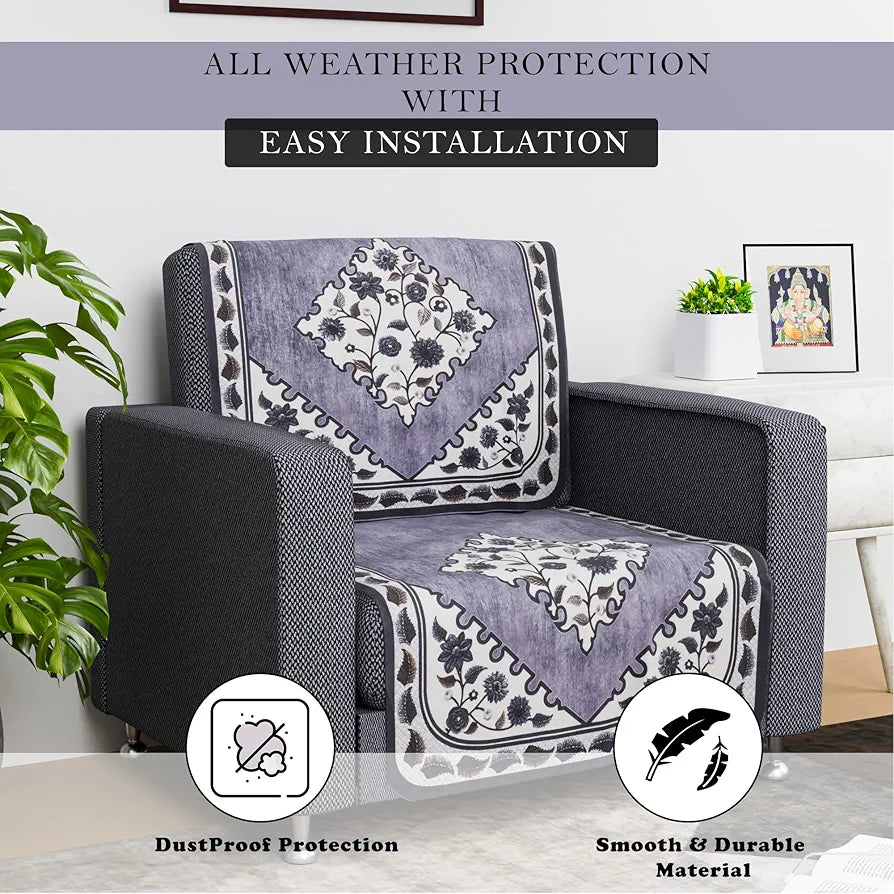Kuber Industries Net Single Seater Sofa Cover - Couch Slip Cover Set for Home and Living Room - Flower Digital Triangle Border Print-753 - Grey