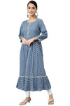 Janasya Women's Blue Cotton Ethnic Motifs Flared Kurta