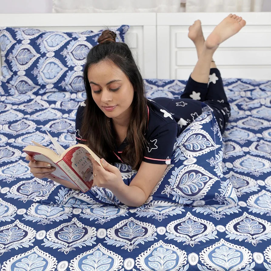 Divine Casa 144 TC 100% Cotton Double Bedsheet with 2 Pillow Covers | Skin-Friendly Fabric for Everyday Comfort | 254 X 222 CM | Floral Pattern | Dazzling Blue