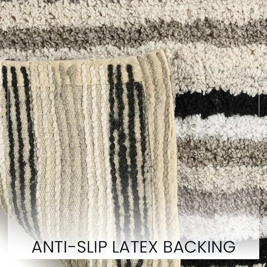 SASHAA WORLD Striped Anti-Skid Bathmat & Contour Set | Ultra Soft, Highly Absorbent, Ideal for Bathroom & Home Use, 2-Piece Set with Rectangle & Contour Mats | 50x80 cm, Black, White & Grey