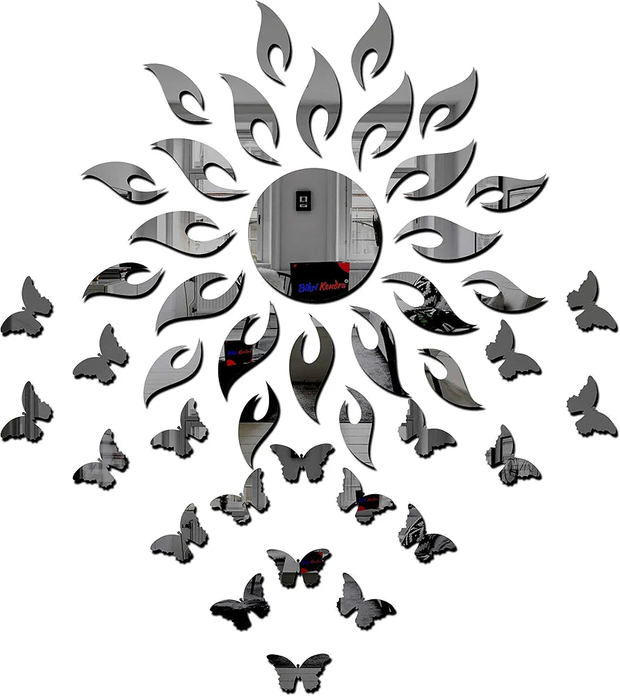 Bikri Kendra Sun Black with 20 Black Butterfly Wall Mirror Stickers 3D Acrylic Sticker