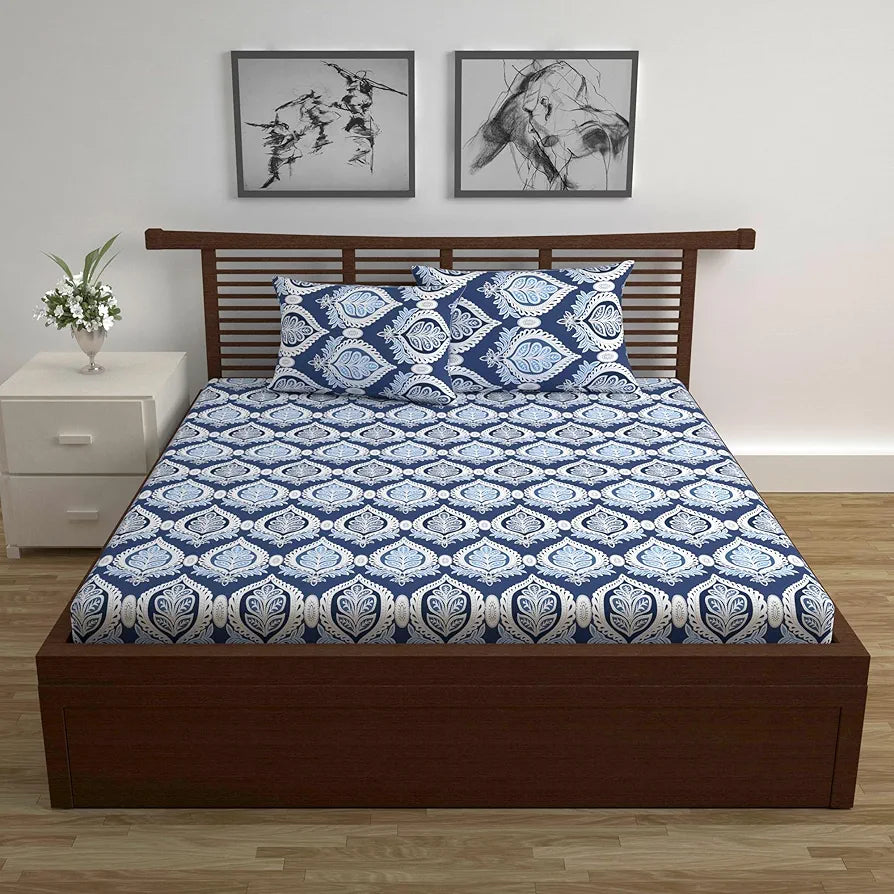 Divine Casa 144 TC 100% Cotton Double Bedsheet with 2 Pillow Covers | Skin-Friendly Fabric for Everyday Comfort | 254 X 222 CM | Floral Pattern | Dazzling Blue