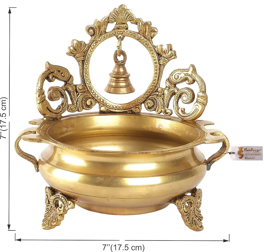 Two Moustaches Ethnic Indian Carved 7 Inches Brass Decor Urli Bowl with Bell, Brass Urli for Flowers, Urli Bowl for Home Decor, Brass Urli Decor Bowl, Weight - 1.6 Kg, Standard, Pack of 1